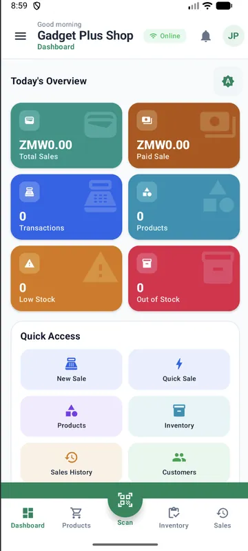 Dashboard showing Today's Overview: total sales, paid sales, transactions, products, low stock and out-of-stock counts, with Quick Access shortcuts.