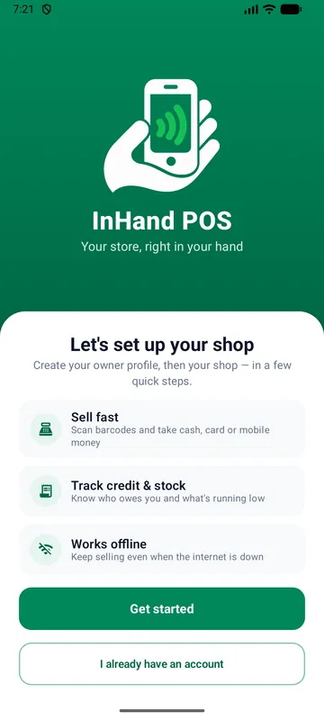 Let's set up your shop screen listing Sell fast, Track credit and stock, and Works offline, with Get started and I already have an account buttons.