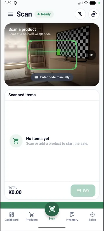 Scan screen with a camera viewfinder for barcodes and QR codes, a manual code entry button, the scanned items list, total and Pay button.