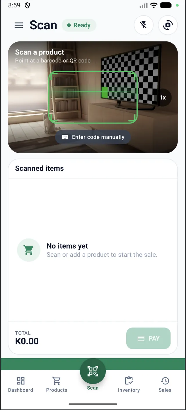 InHand POS Scan screen: the camera viewfinder is ready to read a barcode or QR code, with an Enter code manually button, an empty scanned-items list and a Pay button.