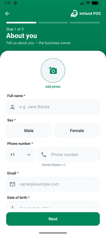 Setup step 1 of 3, About you, with fields for the owner's photo, name, sex, phone number, email and date of birth.