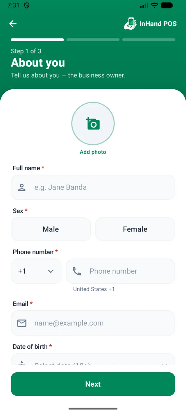Setup step 1 of 3, About you: a form for the business owner's photo, full name, sex, phone number, email and date of birth.