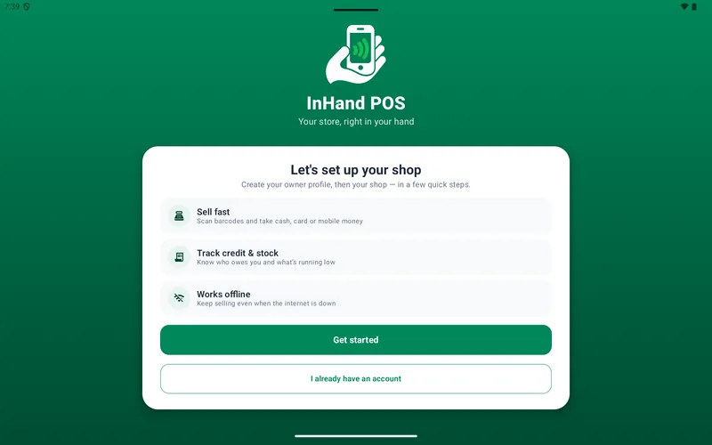 InHand POS on a tablet in landscape: the Let's set up your shop card with Sell fast, Track credit and stock, and Works offline.