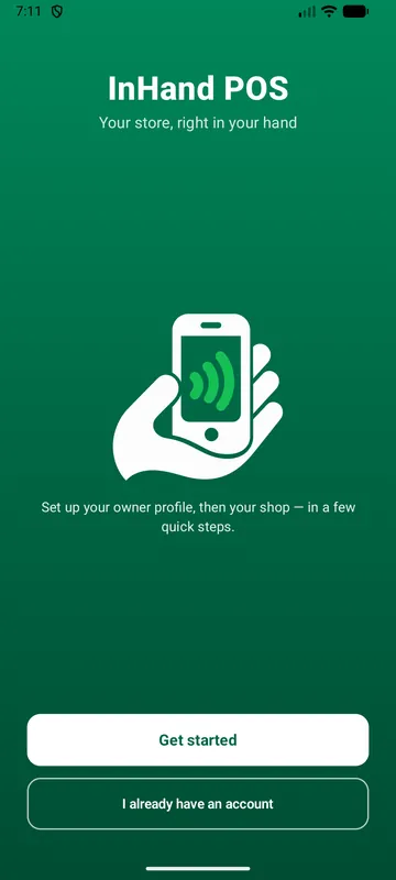 InHand POS welcome screen with the logo, the tagline Your store, right in your hand, and Get started and I already have an account buttons.
